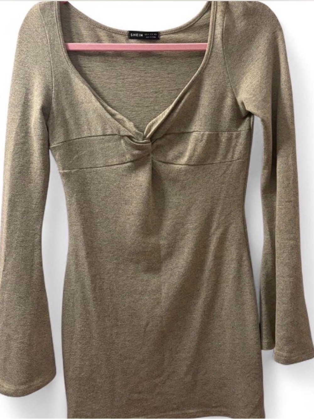SHEIN Long Sleeve Twist Front Bodycon Dress in Taupe